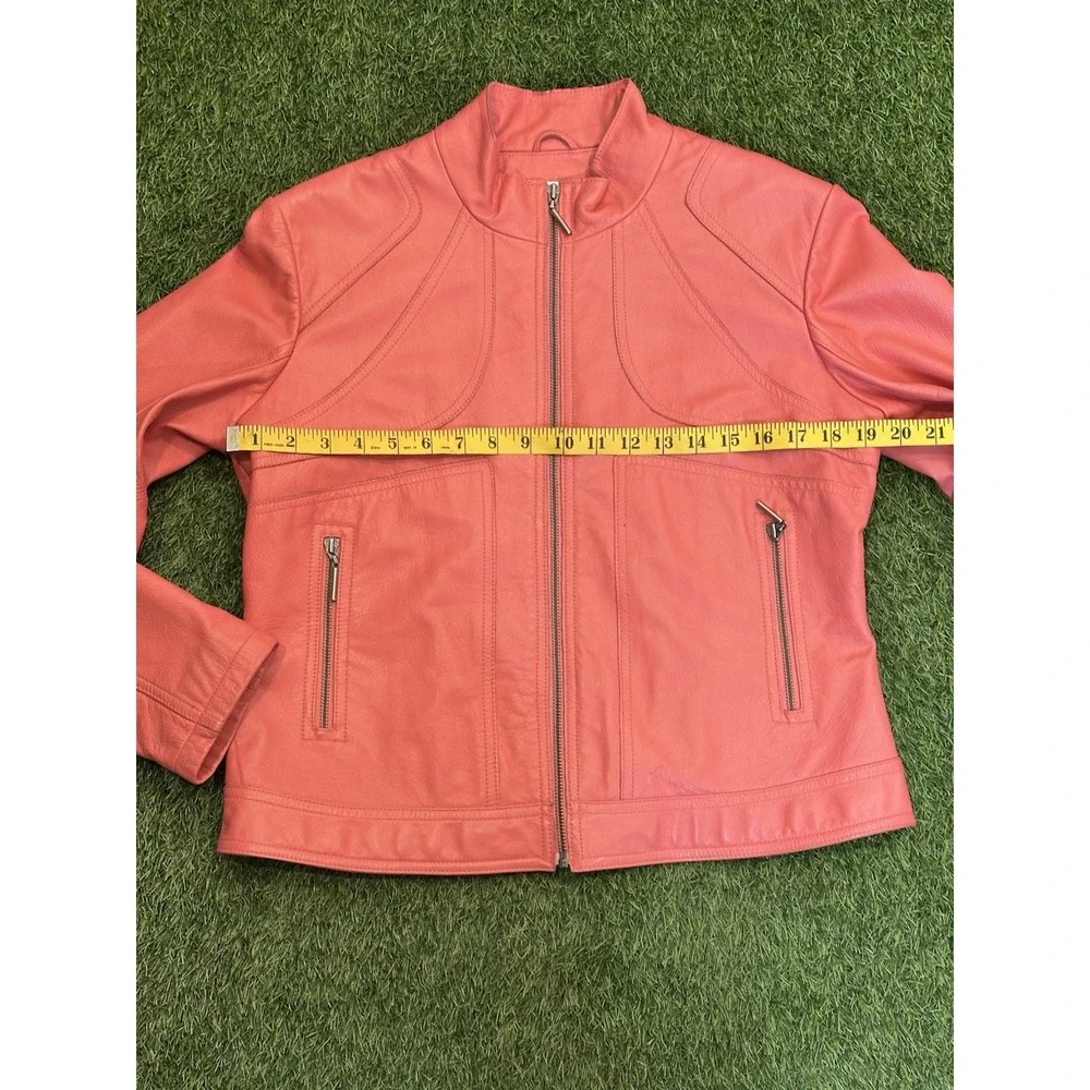 Wilsons Leather Maxima Moto Jacket‎ Womens Large Orange Biker Collarless Zip Up